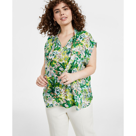 Plus Size Floral-Print Tie-Neck Short-Sleeve Top, Created for Macy's