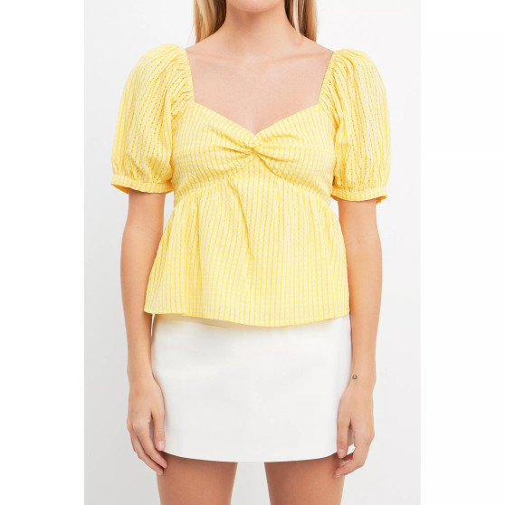 Women's Check Print Puff Sleeve Top