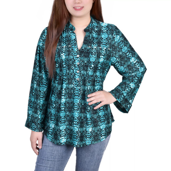 Petite Size Long Sleeve Jacquard Knit Y-neck Top