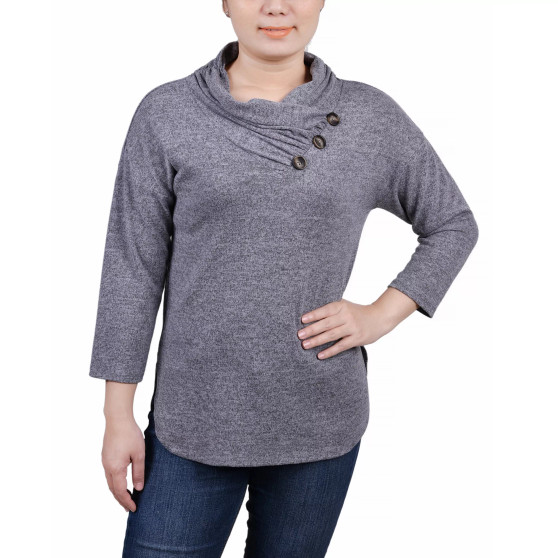 Petite 3/4 Sleeve Crossover Cowl Neck Top