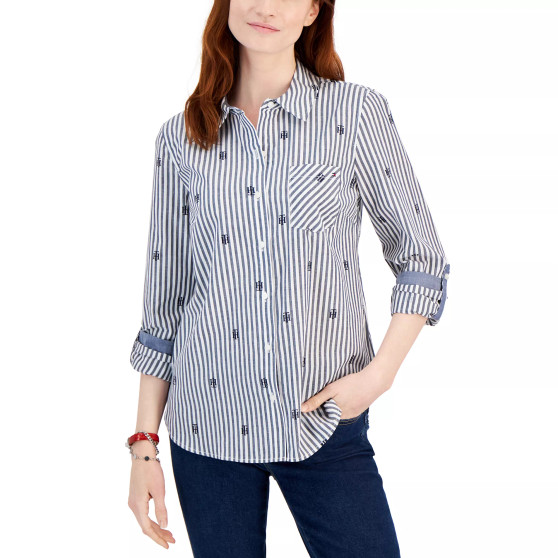 Women's Cotton Monogram-Logo Stripe-Print Shirt
