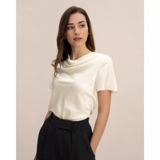 Cowl Neck Short Sleeves Silk T-Shirt for Women