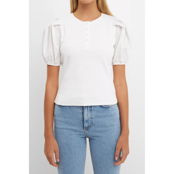 Women's Mixed Media Puff Sleeve Henley Top