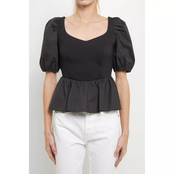 Women's Mixed Media Puff Sleeve Top