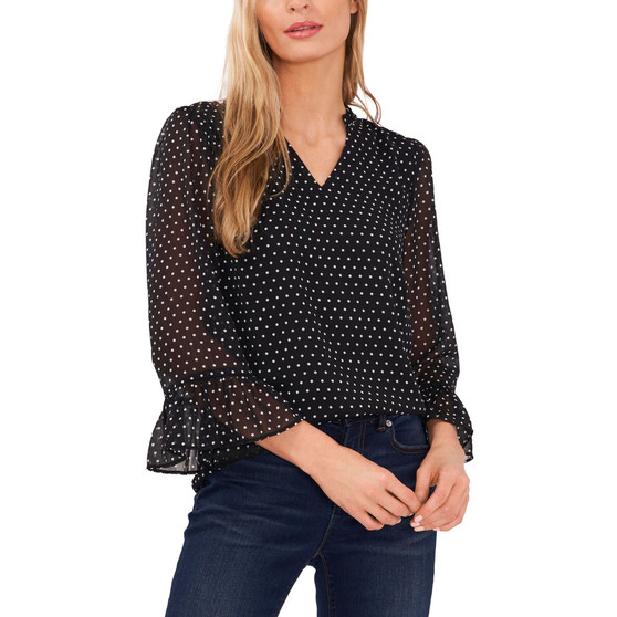 Women's 3/4-Sleeve Ruffled V-Neck Polka Dot Blouse