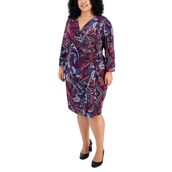 Plus Size Paisley-Print Faux-Wrap Knit Dress