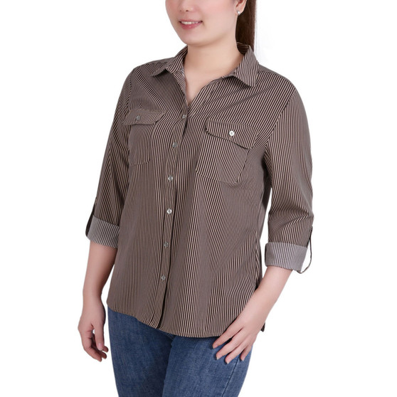 Petite 3/4 Sleeve Roll Tab Notch Collar Blouse