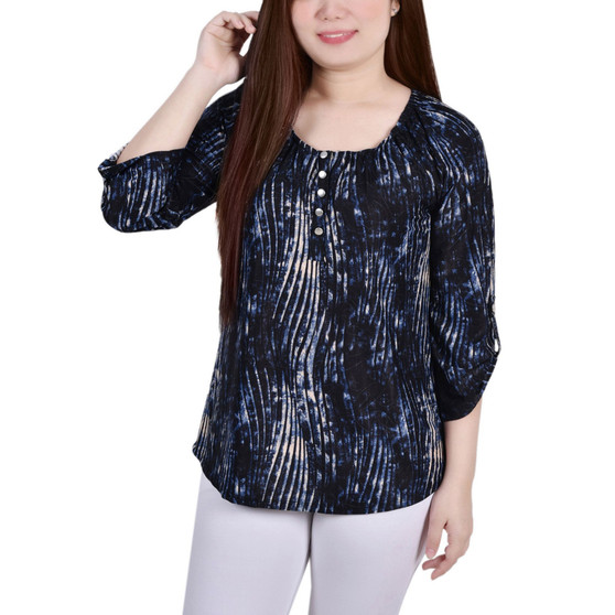 Petite 3/4 Push Tab Round Neck Henley Top