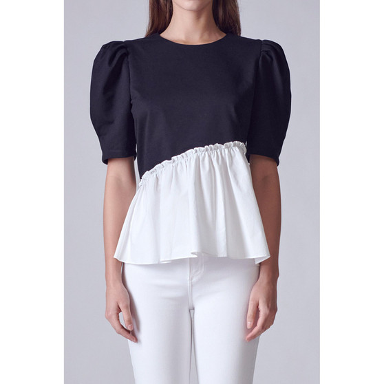 Women's Mixed Media Peplum Contrast Top