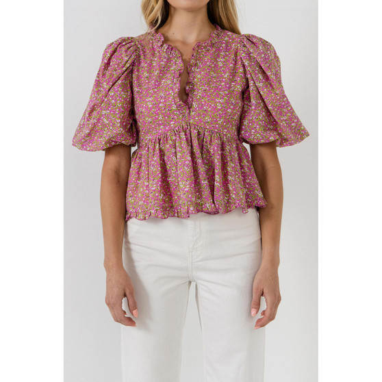Women's Puff Sleeve Ruffled V Blouse