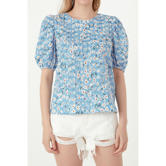 Women's Floral Embroidered Top with Puff Sleeves