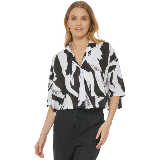 Women's Linen Printed Cropped Short-Sleeve Shirt
