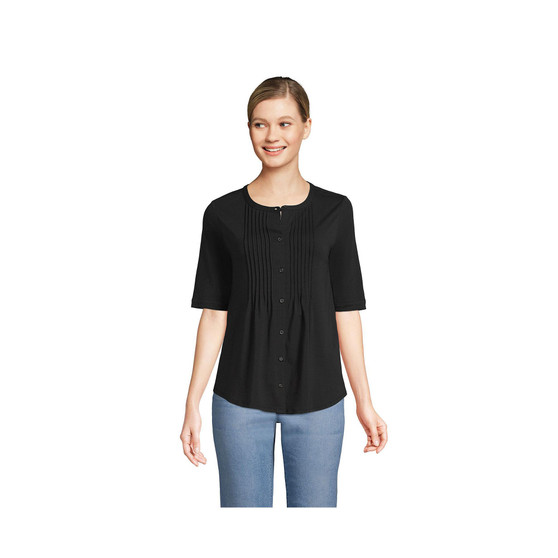 Women's Elbow Sleeve Light Weight Jersey Button Front Pintuck Top