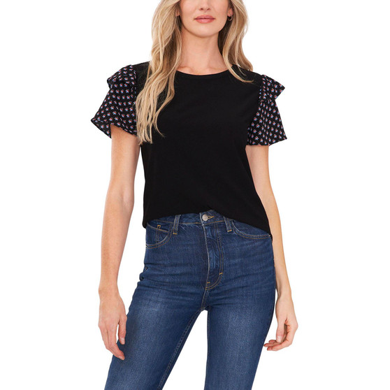 Women's Short Ruffle-Sleeve Mixed-Media Knit Top