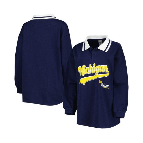 Women's Navy Michigan Wolverines Happy Hour Long Sleeve Polo Shirt
