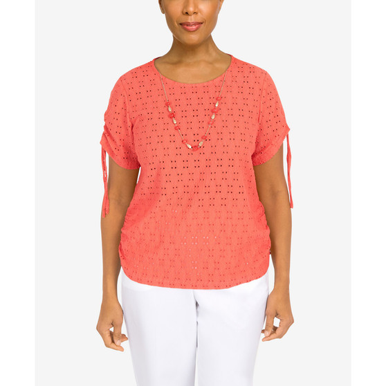 Women's Drawstring Eyelet Short Sleeve Top
