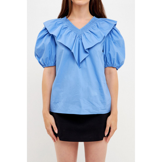 Women's Smocked Ruffled Puff Sleeve Top
