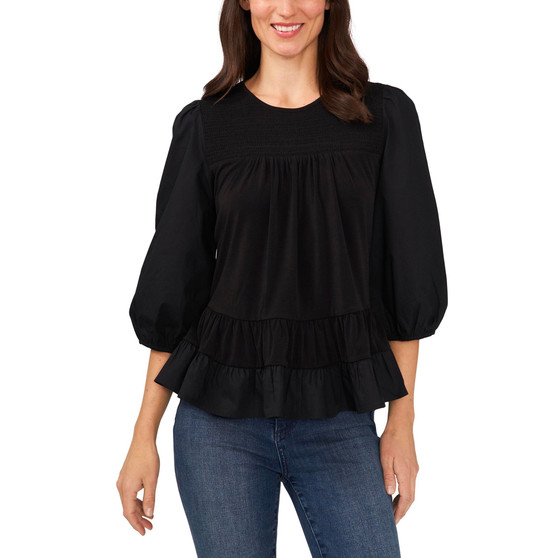 Women's 3/4-Sleeve Ruffled Hem Crew Neck Knit Blouse