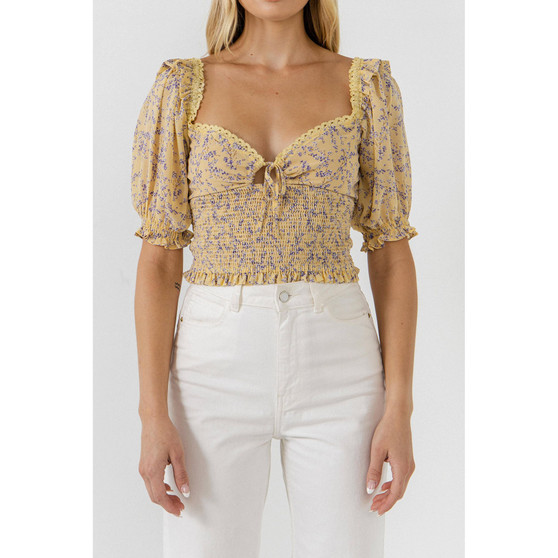Women's Floral Chiffon Lace Trim Top