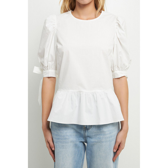 Women's Bow Tie Peplum Poplin Top