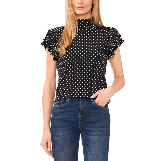 Women's Mock Neck Double Ruffle Sleeve Dot-Print Knit Top