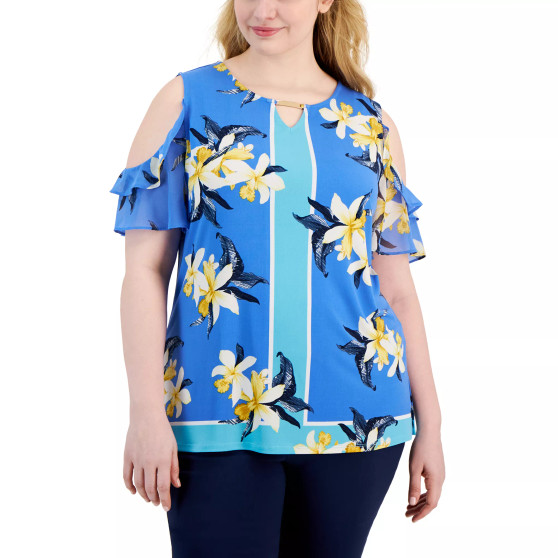 Plus Size Cold-Shoulder Chiffon-Sleeve Top, Created for Macy's