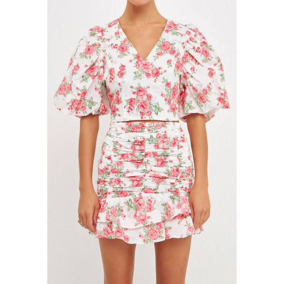 Women's Floral Linen Puff Sleeve Top