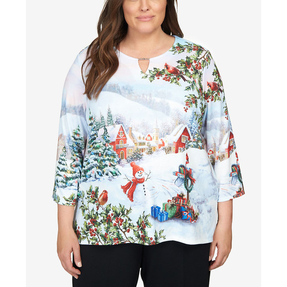 Plus Size Classics Village Scene Split Neck Top