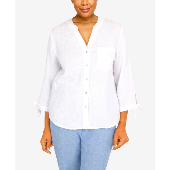 Women's Set Sail Gauze Tie Sleeve Button Down Top