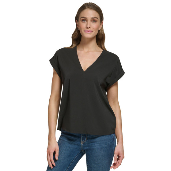 Women's V-Neck Rolled Cap Sleeve Top