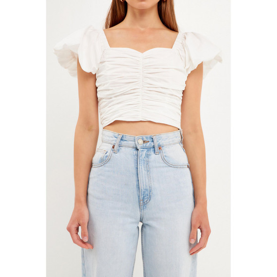 Women's Shirring Detail Puff Sleeve Cropped Top