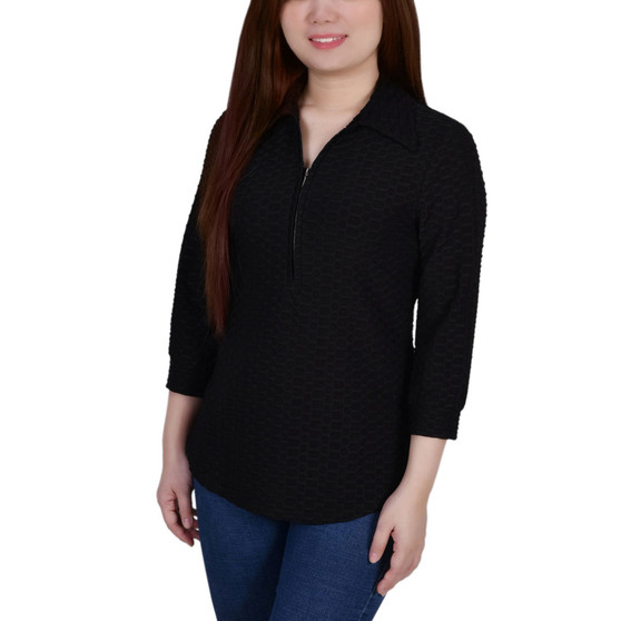 Petite 3/4 Sleeve Honeycomb Half Zip Top
