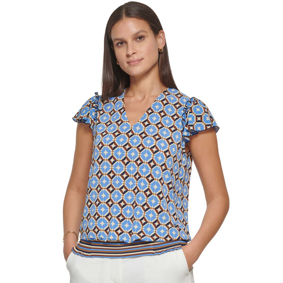 Women's Printed V-Neck Flutter-Sleeve Top