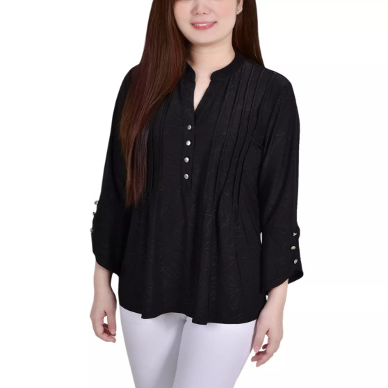 Petite 3/4 Sleeve Overlapped Bell Sleeve Y-neck Top