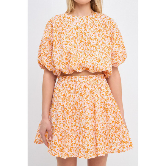 Women's Crinkled Floral Linen Blouson Top