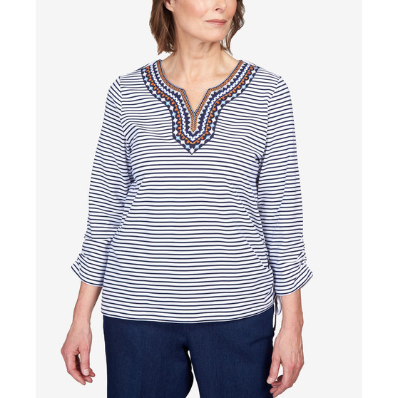 Petite Moody Blues Embroidered Striped Drawstring Top