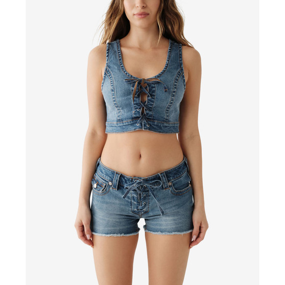 Women's Lace Up Cropped Denim Bra Top