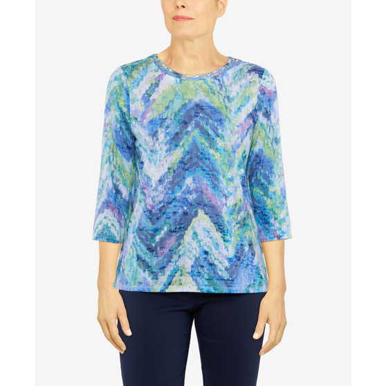 Petite Moody Blues 3/4 Sleeve Ikat Chevron Printed Top