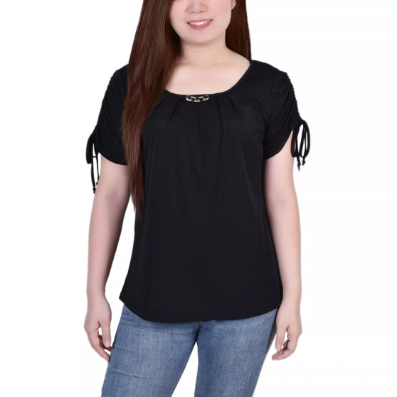 Petite Size Short Ruched Sleeve Top with Pleats
