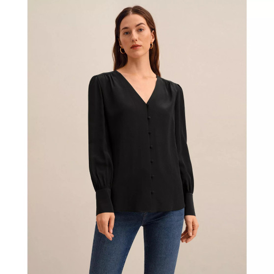 V Neck Buttton Wrapped Silk Blouse for Women