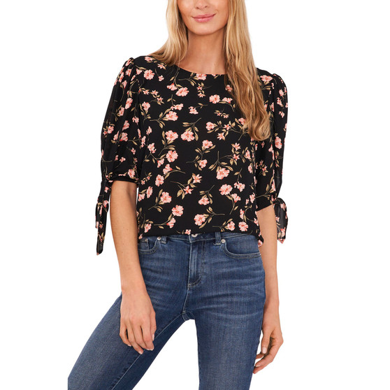 Women's Coastal Floral-Print Elbow Tie-Sleeve Blouse
