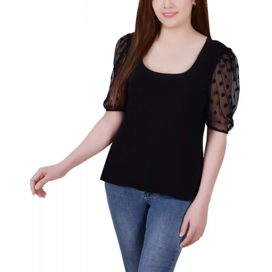 Petite Mesh Dot Elbow Sleeve Crepe Top