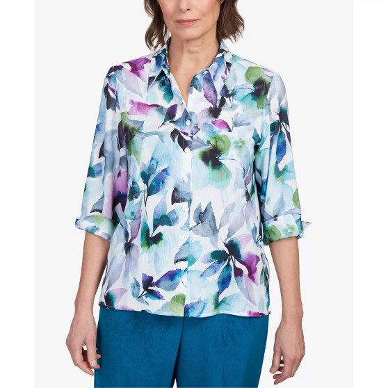 Petite Classics Blotted Watercolor Floral Button Down Top