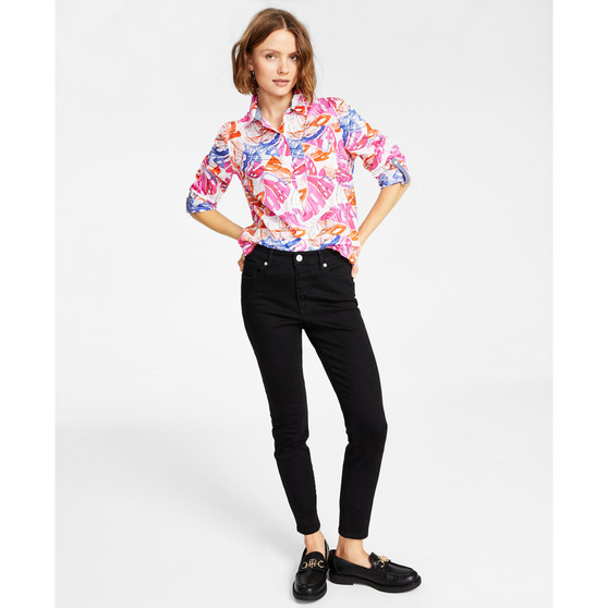 Women's Cotton Leaf-Print Roll-Tab Shirt