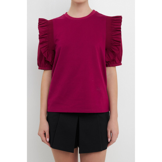 Women's Mixed Media Ruffle Blouson Top