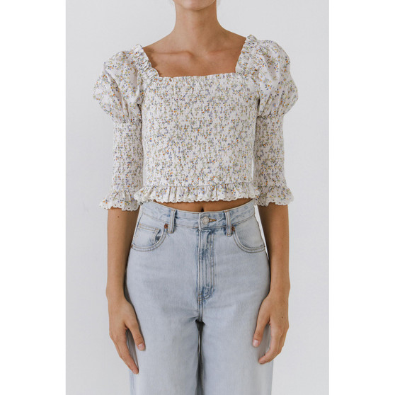 Women's Smocked Sleeved Puff Sleeve Ruffled Top