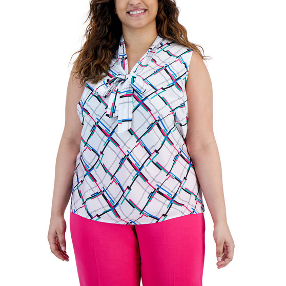 Plus Size Printed Tie-Front Sleeveless Shell Top