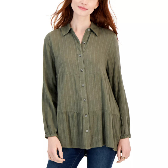 Petite Tiered Button-Front Long-Sleeve Shirt, Created for Macy's