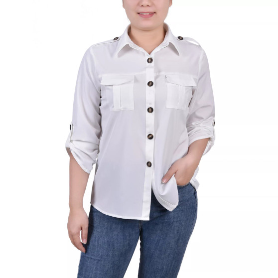 Petite 3/4 Sleeve Roll Tab Blouse