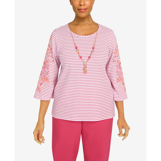 Petite Hot Stripe Embroidered Sleeve Top with Necklace